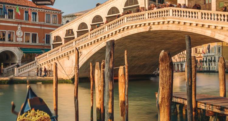 Le pont du Rialto s'arque au-dessus du Grand Canal de Venise avec des pieux d'amarrage et une gondole au premier plan.