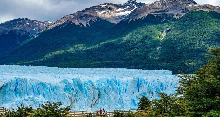 Passerelle menant à un glacier avec une forêt verte en arrière-plan.