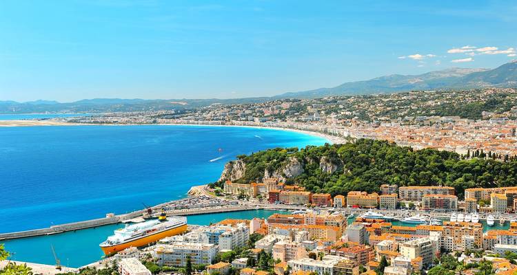 Panoramic view of Nice with coastline and blue waters