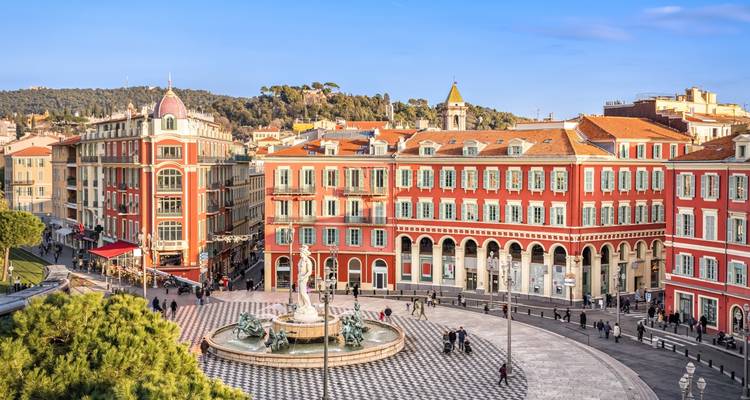 Nice city square with vibrant architecture and a fountain