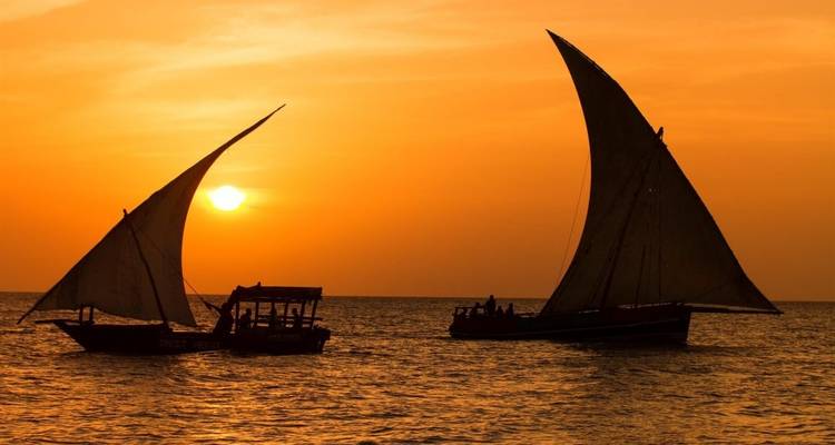 Silhouetted sailboats against an orange sunset.