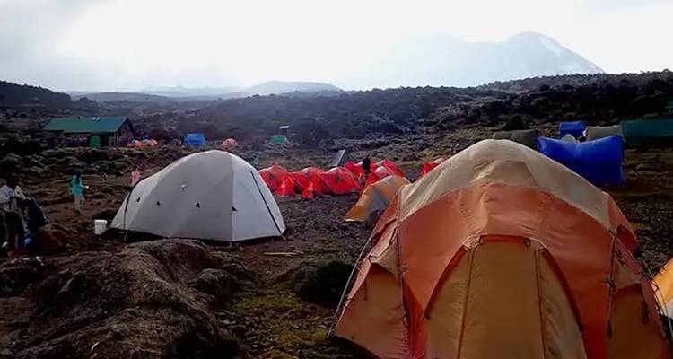Un camping avec des tentes sur le mont Kilimandjaro.