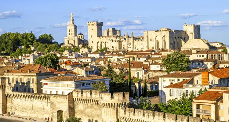 View of the Palais des Papes in Avignon, France at sunset with rooftops and trees.