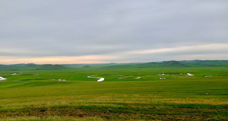 Weite grüne Landschaft mit sich windenden Flüssen unter einem bewölkten Himmel.