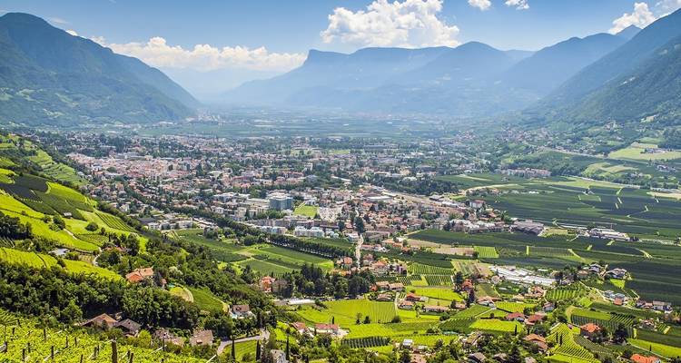 Wide alpine valley covered in vineyards and the town of Merano nestled between high mountains under blue skies.
