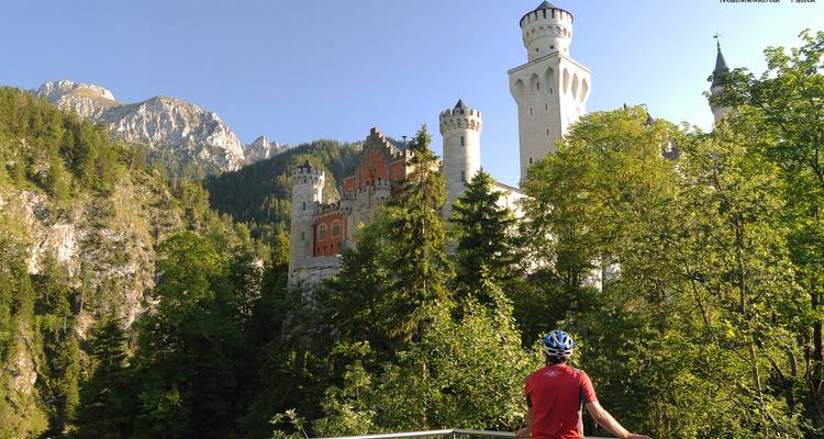 Cycliste observant le château de Neuschwanstein à distance.