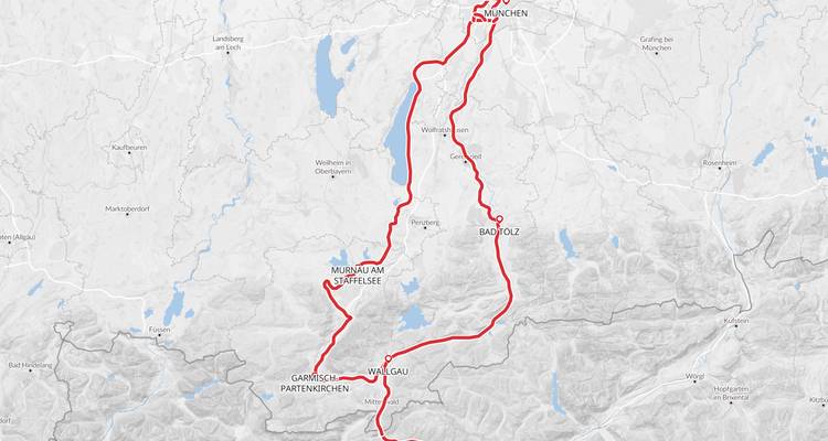 Carte d'itinéraire en nuances de gris mettant en évidence un parcours cycliste de Munich à travers les régions de Bavière et du Tyrol.