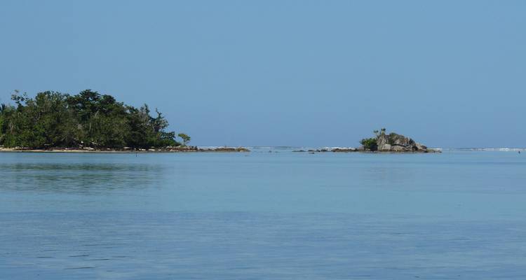 Kleine Insel mit Bäumen, umgeben von ruhigen Meeresgewässern.