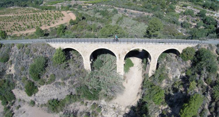 Pont de pierre en arc au-dessus d'une vallée boisée.