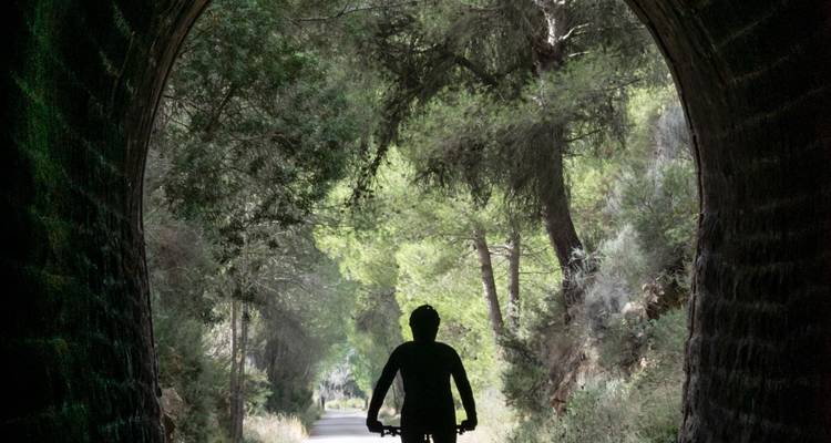 Silhouette d'un cycliste dans un tunnel avec de la verdure à l'extérieur.