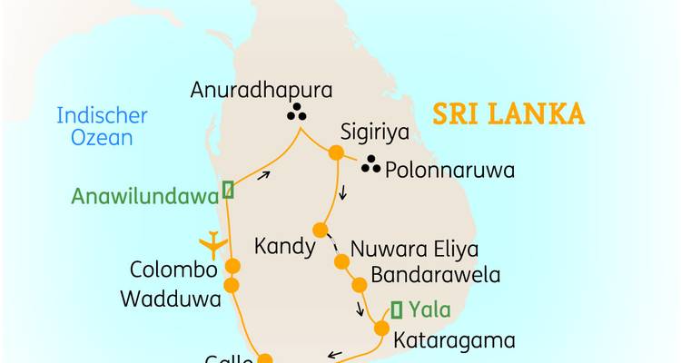 Kaart van Sri Lanka met belangrijke bestemmingen gemarkeerd, inclusief Colombo en Kandy.