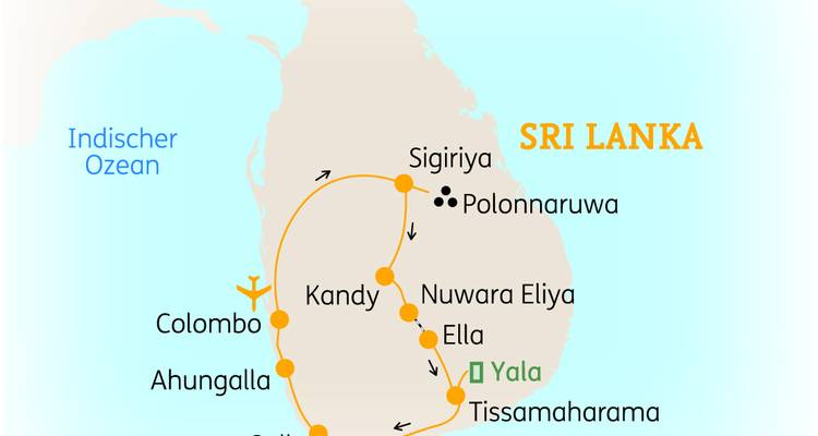 Illustrierte Routenkarte von Sri Lanka mit Hervorhebung der wichtigsten Haltestellen und Reiseroute.