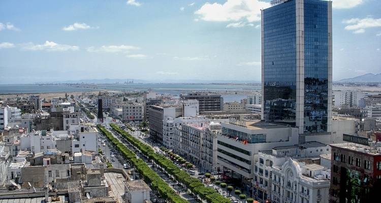 Horizon de la ville de Tunis avec des bâtiments modernes et une vue sur la baie.