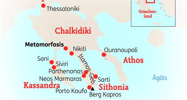 Map of Chalkidiki region in Greece.