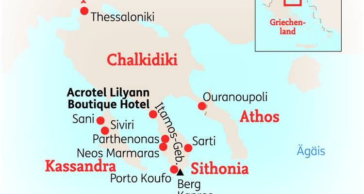 Karte von Griechenland mit Hervorhebung von Thessaloniki und den umliegenden Regionen.