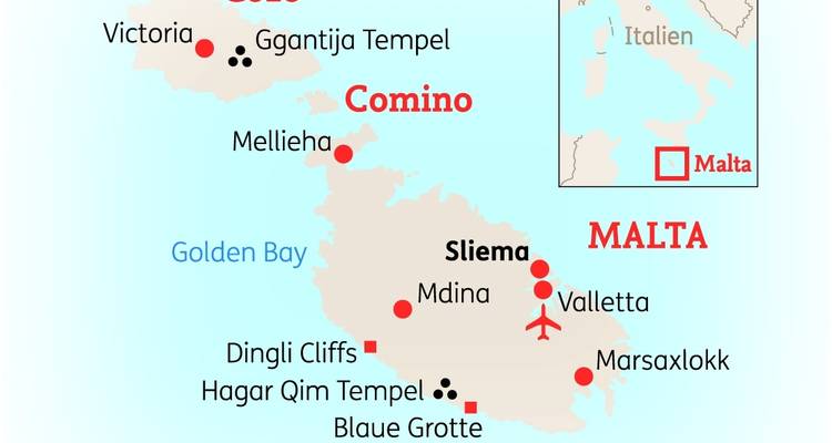 Map of Malta showing key locations and landmarks.