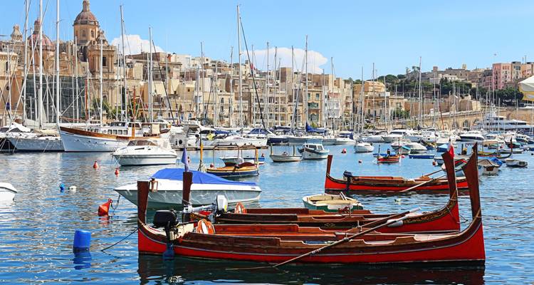 Scenic view of a harbor with boats and historic buildings.