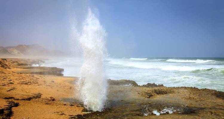 Soplador marino lanzando agua hacia lo alto en una costa rocosa bajo cielos despejados.