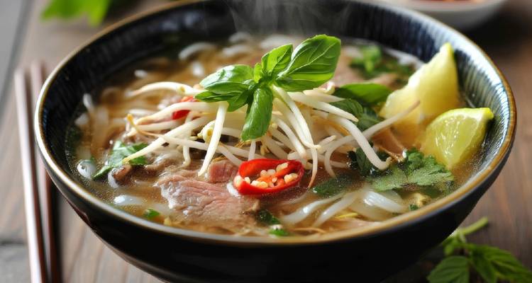 Een dampende kom Vietnamese pho met kruiden en limoen.