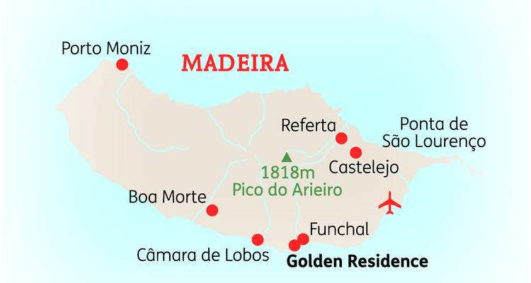 Carte de Madère, Portugal avec divers lieux marqués.