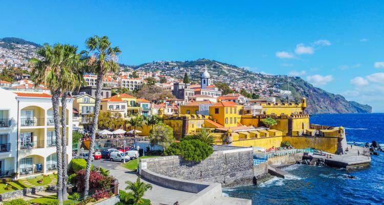Waterfront coloré de Funchal avec palmiers, murs de fort et montagnes rencontrant l'Atlantique bleu profond