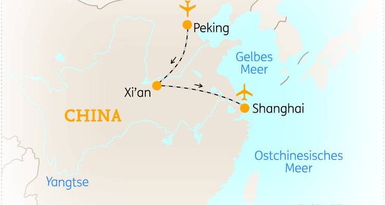 Simplified route map of China highlighting flights between Peking, Xi’an and Shanghai.