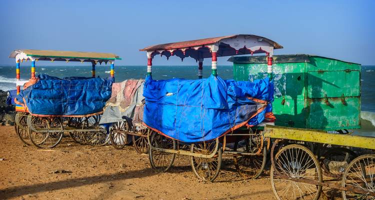 Colourful tarp-covered food carts parked on a breezy urban beach front.