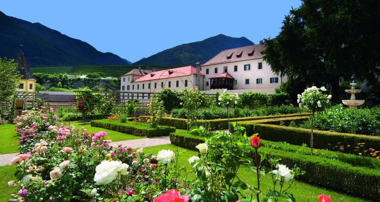 Beautiful garden with roses and traditional building.