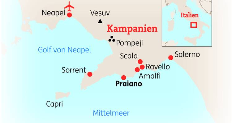 Map of the Campania region in Italy showing various locations.
