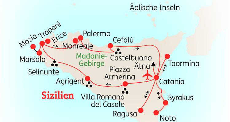 Carte détaillée de la Sicile avec itinéraire de voyage et destinations.