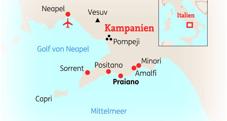 Carte montrant les emplacements sur la côte de Campanie, Italie