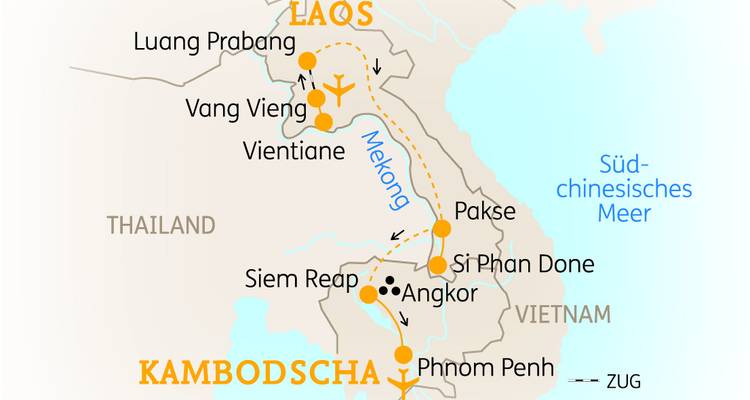 Carte de voyage montrant les itinéraires et destinations au Laos et au Cambodge.