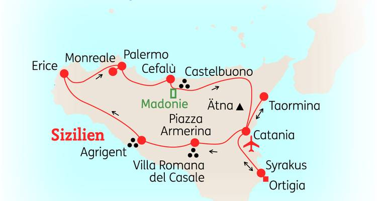Carte représentant les itinéraires touristiques en Sicile, Italie.