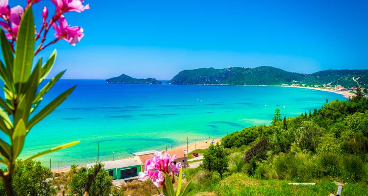 Bahía turquesa vibrante respaldada por colinas verdes enmarcada por flores rosadas bajo un cielo azul claro.