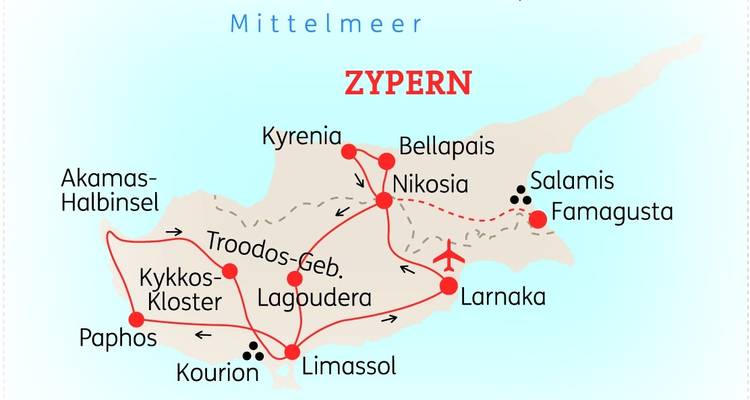 Karte von Zypern mit markierten Städten und Wegen.