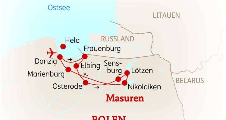 Karte von Masuren, Polen mit markierten wichtigen Orten.