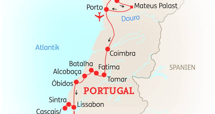 Carte du Portugal mettant en évidence diverses villes et routes.