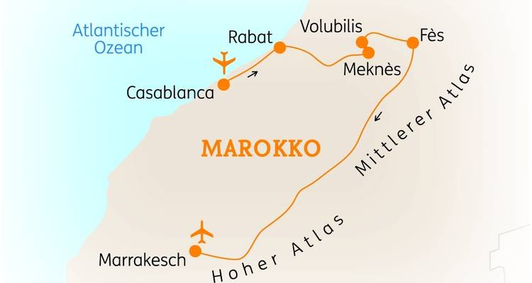 Kaart van Marokko met de belangrijkste toeristische bestemmingen gemarkeerd.