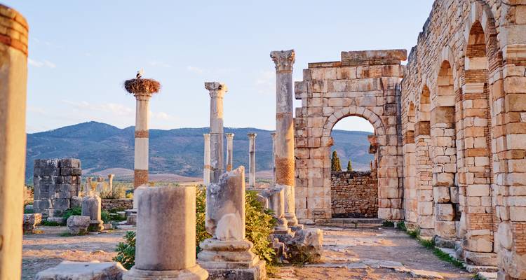 Ancient Roman ruins with mountains in the background.