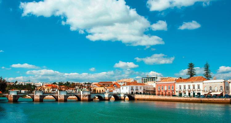 Pintoresco pueblo junto a un río con un puente de arco.