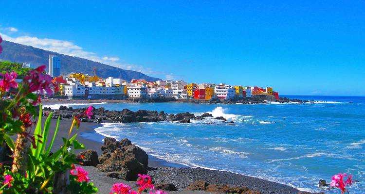Colorful coastal village with black-sand beach, bright flowers and rolling Atlantic surf on Tenerife
