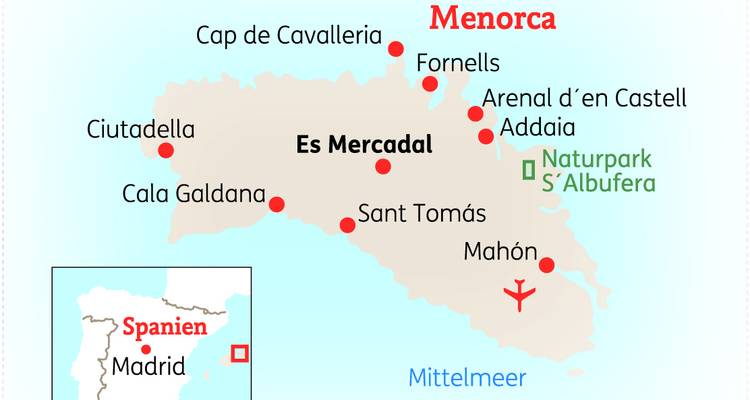 Carte de Minorque, montrant les villes et les parcs naturels.