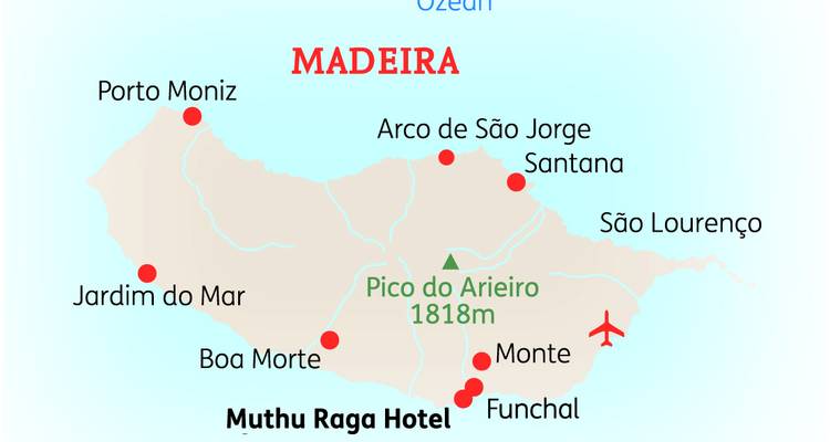 Une carte de Madère avec les emplacements marqués.