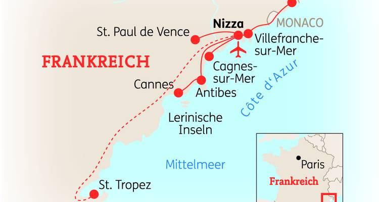 Carte de la Côte d'Azur avec les villes et les itinéraires marqués.