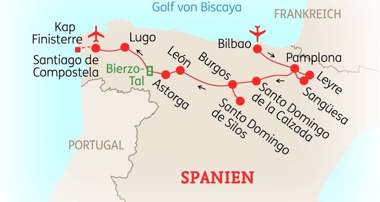 Carte montrant un itinéraire de voyage à travers des lieux en Espagne.