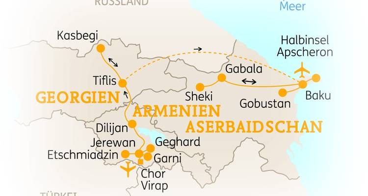 Karte mit Routen durch Armenien, Georgien und Aserbaidschan.