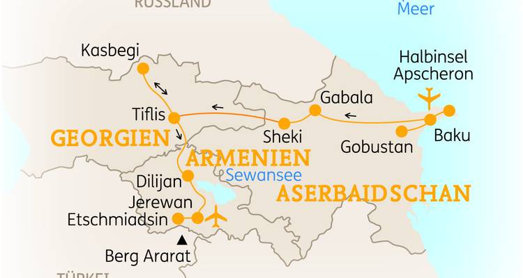 Karte, die die Reiserouten durch Georgien, Armenien und Aserbaidschan zeigt.