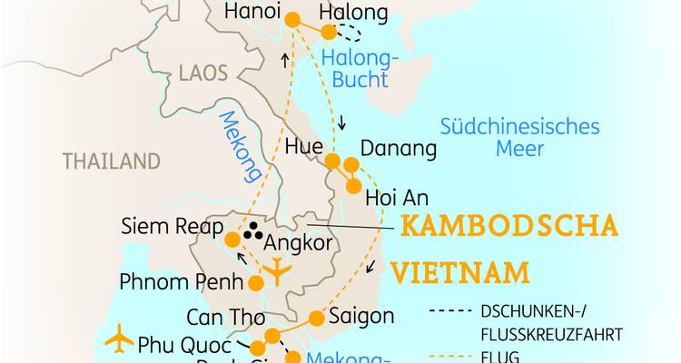 Carte du Cambodge et du Vietnam montrant les principales villes et les itinéraires de voyage.