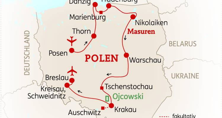 Map of Poland with routes and locations.
