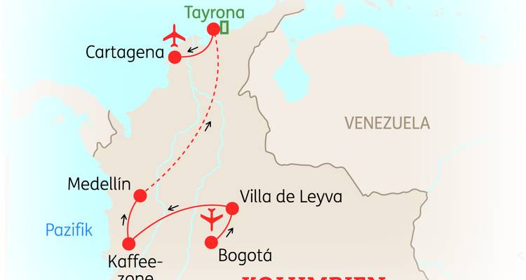 Mapa que muestra una ruta de viaje por Colombia.